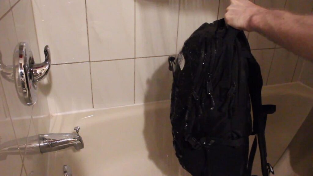 North Face backpack testing under rain